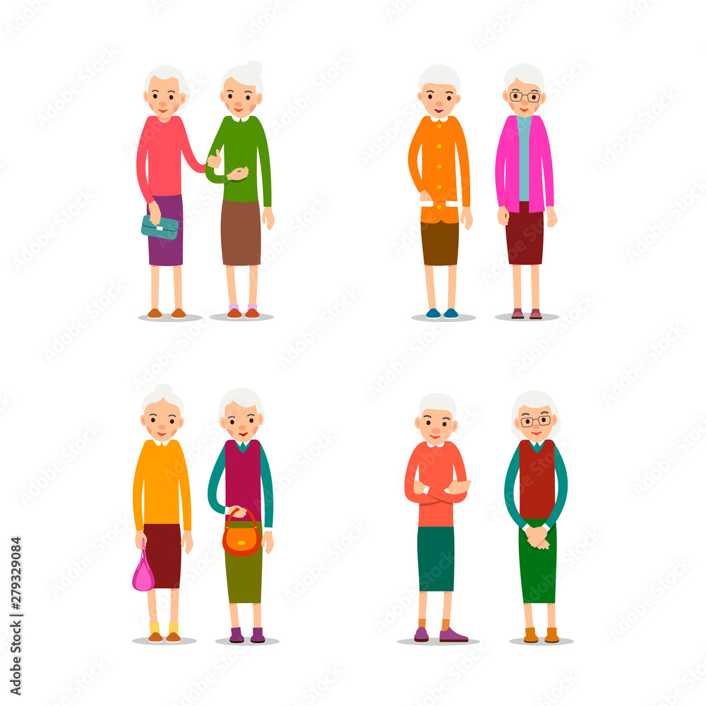 Old women. Happy retirement lifestyle. Elderly couple smiling. Beautiful set for healthy lifestyle design with caucasian woman in couple. Standing people isolated in flat style on white background