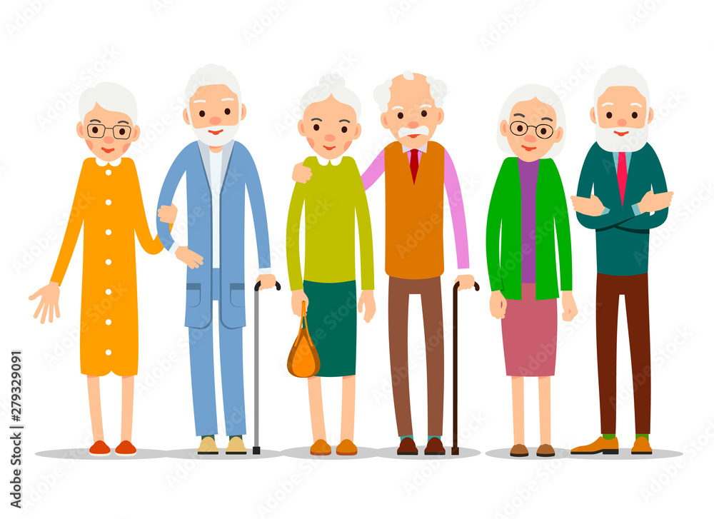 Cartoon character old group. Older people are standing together and smiling. Retired elderly senior age couple. Happy aged friends. Female male symbol. Flat illustration isolated on white background Cartoon character old group. Older people are standing together and smiling. Retired elderly senior age couple. Happy aged friends. Female male symbol. Flat illustration isolated on white background