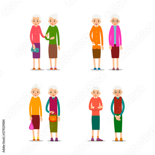 Old women. Happy retirement lifestyle. Elderly couple smiling. Beautiful set for healthy lifestyle design with caucasian woman in couple. Standing people isolated in flat style on white background