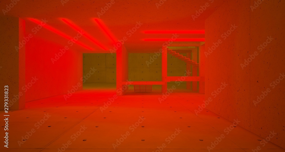 Abstract architectural concrete and coquina interior of a minimalist house with color gradient neon lighting. 3D illustration and rendering. Abstract architectural concrete and coquina interior of a minimalist house with color gradient neon lighting. 3D illustration and rendering.