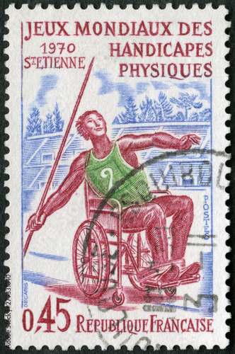 FRANCE - 1970: shows Handicapped Javelin Thrower, Issued to publicize the International Games of the Handicapped, St Etienne, June 1970