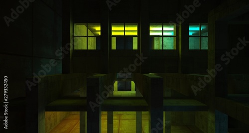 Abstract architectural concrete and black interior of a minimalist house with color gradient neon lighting. 3D illustration and rendering. © SERGEYMANSUROV