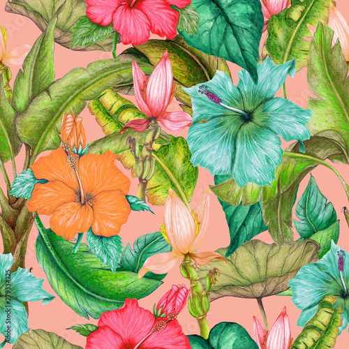 Seamless tropical pattern of exotic flowers tropical leaves