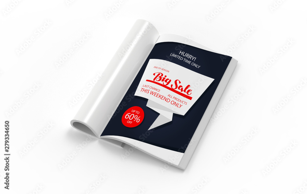 Magazine with rolled white paper pages isolated on white background. blank book, catalogue or brochure with folded sheets mock up. 3d illustration