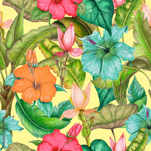 Seamless tropical pattern of exotic flowers tropical leaves