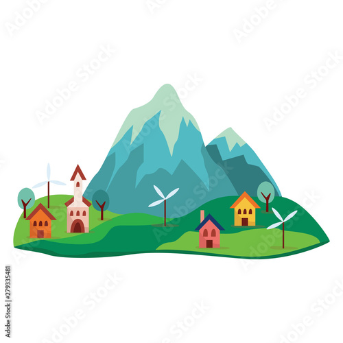 Grey, blue cartoon mountain with green hills, cute colorful houses, trees and windmills at the foot of the rock.
