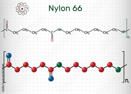 Nylon 66 or nylon molecule. It is plastic polymer. Structural chemical formula and molecule model. Sheet of paper in a cage