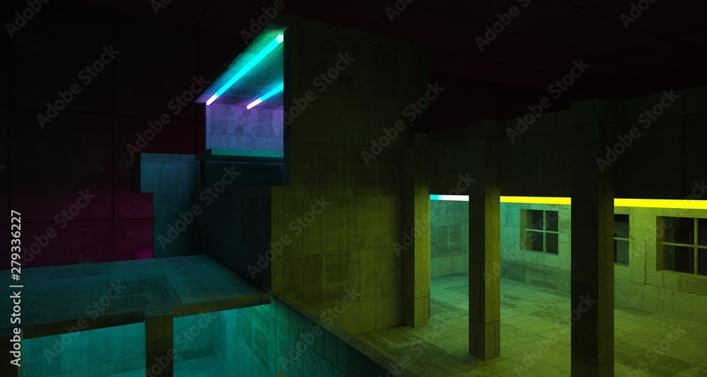 Abstract architectural concrete and black interior of a minimalist house with color gradient neon lighting. 3D illustration and rendering. Abstract architectural concrete and black interior of a minimalist house with color gradient neon lighting. 3D illustration and rendering.