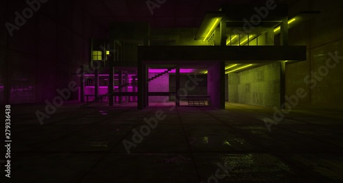 Abstract architectural concrete and black interior of a minimalist house with color gradient neon lighting. 3D illustration and rendering. © SERGEYMANSUROV