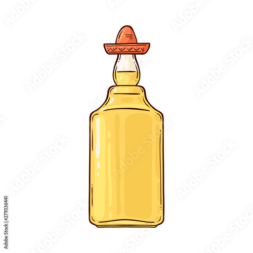 Tequila in a sombrero, traditional alcoholic Mexican drink in a bottle.