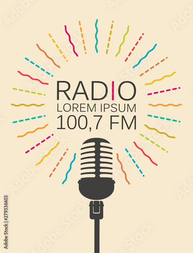 Vector icon for radio station with microphone and place for text in retro style. Radio broadcasting concept, flat design of classic dynamic mic. Suitable for banner, ad, poster, flyer, logo