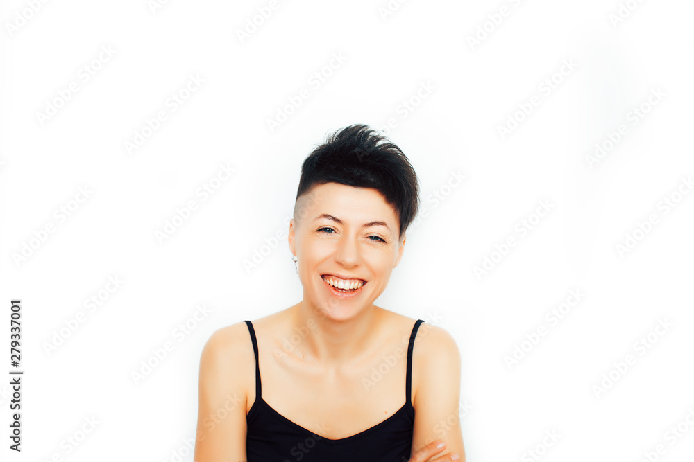 young pretty brunette girl with modern short haircut posing cheerful smiling isolated on white background, lifestyle people concept young pretty brunette girl with modern short haircut posing cheerful smiling isolated on white background, lifestyle people concept