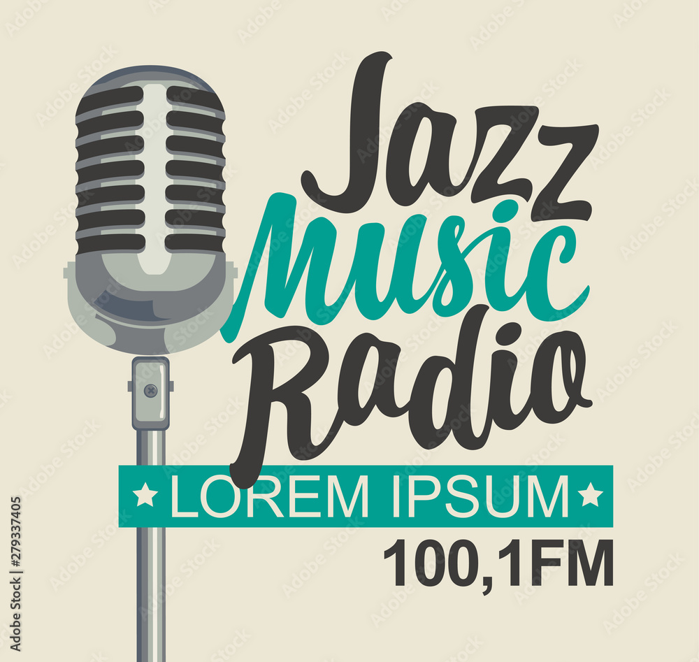 Vector banner for jazz music radio with microphone and inscription in retro  style. Radio broadcasting concept with classic dynamic silver mic. Suitable  for banner, ad, poster, flyer, logo vector de Stock