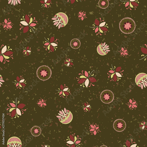 Seamless pattern floral ethnic bloom motif persian style. Hand drawn folk art flower textile. Ditsy leaves home decor. Traditional tiny summer motif. Trendy boho folkloric allover print. Vector swatch
