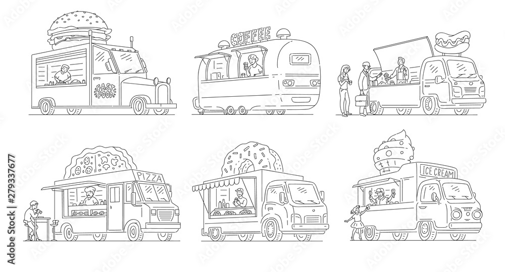 Vector sketch ice cream van in vintage style set