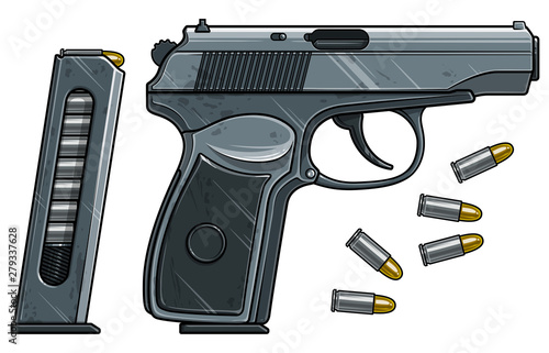 Graphic cartoon colorful detailed metallic handgun pistol with ammo clip and bullets. Isolated on white background. Vector icon. Vol. 5