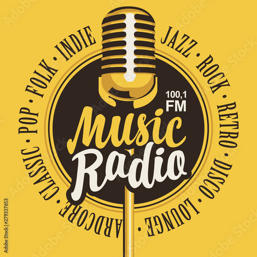 Vector banner for music radio station with microphone and inscription in retro style. Radio broadcasting concept with classic dynamic mic. Suitable for banner, ad, poster, flyer, logo photo