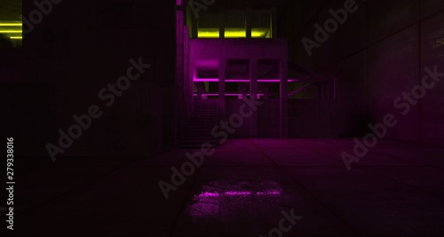 Abstract architectural concrete and black interior of a minimalist house with color gradient neon lighting. 3D illustration and rendering.