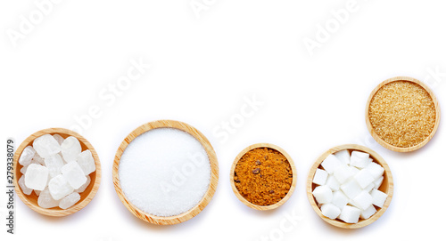 Various types of sugar on white background.