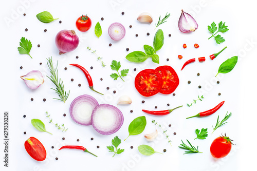 Various fresh vegetables and herbs on white background. Healthy eating concept