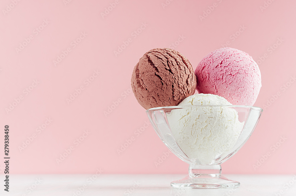 Ice cream scoops different flavor - strawberry, chocolate, creamy