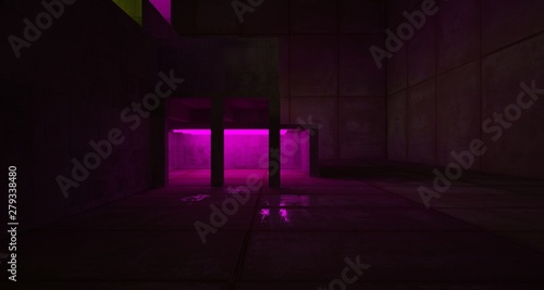 Fototapeta Naklejka Na Ścianę i Meble -  Abstract architectural concrete and black interior of a minimalist house with color gradient neon lighting. 3D illustration and rendering.