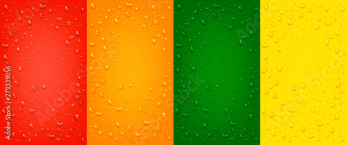 Set of liquid realistic 3d water drops on red, orange, yellow, green backgrounds.