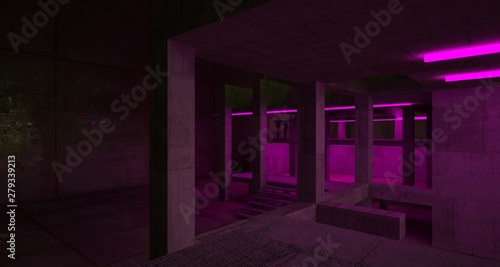 Abstract architectural concrete and black interior of a minimalist house with color gradient neon lighting. 3D illustration and rendering. © SERGEYMANSUROV