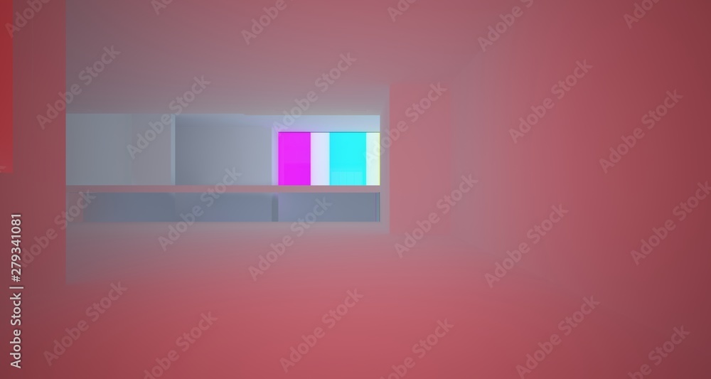 Abstract white minimalistic architectural interior with gradient color glass in window. 3D illustration and rendering.