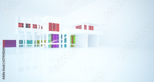Abstract white minimalistic architectural interior with gradient color glass in window. 3D illustration and rendering.