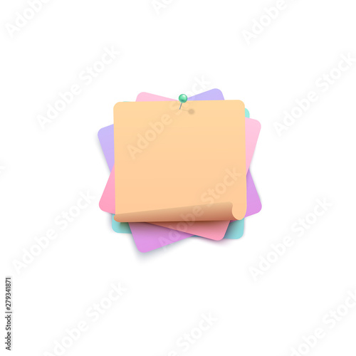 Realistic paper stickers pinned to wall on top of each other