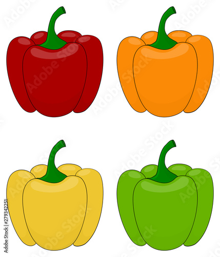 Cartoon bell pepper set. Red, orange, yellow and green peppers. Vector illustration collection.
