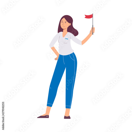 A tour guide brunette caucasian attractive young woman or girl holding a red flag.