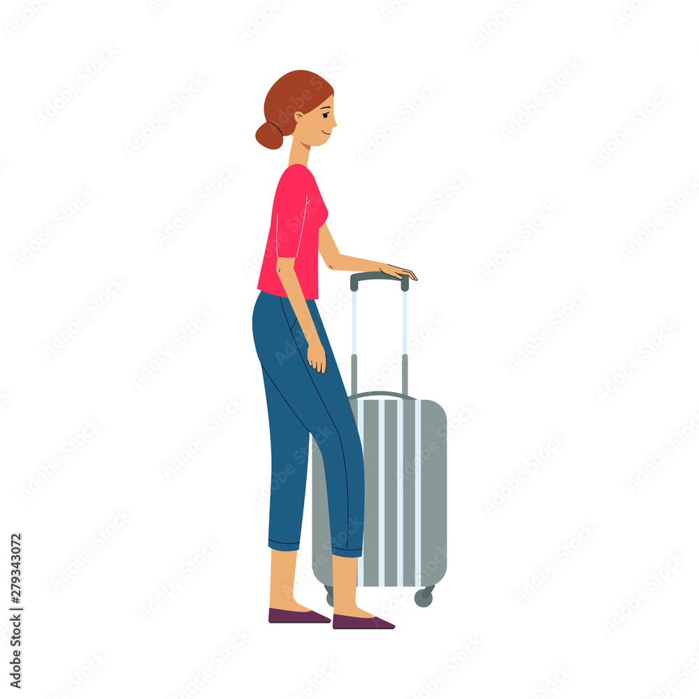 Brown haired tourist woman with a suitcase on wheels and luggage goes on a journey to travel. Brown haired tourist woman with a suitcase on wheels and luggage goes on a journey to travel.