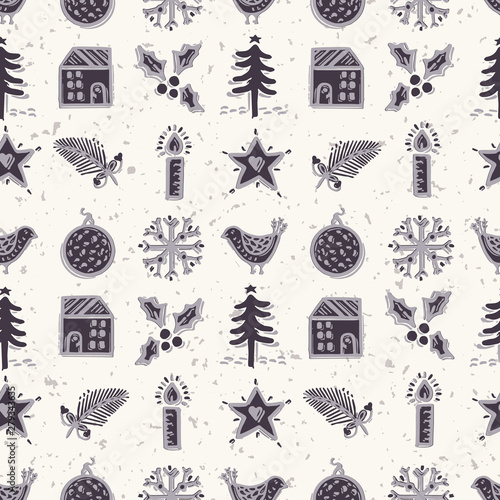 Seamless pattern. Hand drawn naive Christmas candle star, fir, tree, robin bird. Festive folk art background. Traditional holiday all over print. Yule gift wrapping paper illustration. Vector swatch