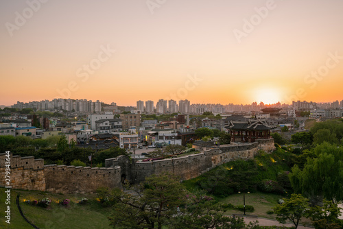 Suwon hwaseong fortress at banghwasuryujeong sunset time,UNESCO World heritage.