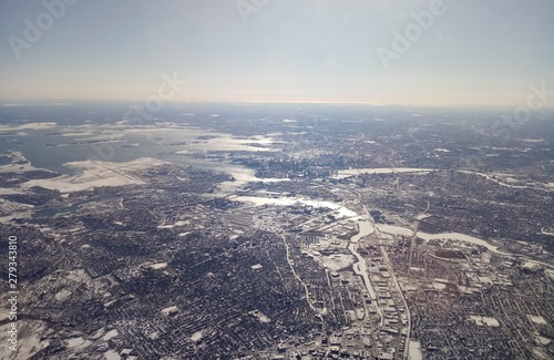 Aerial view of Boston and the frozen Massachusetts Bay