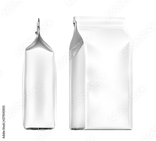 Quad seal bag package mockup. Vector illustration isolated on white background. Can be use for coffee, tea, salt, snack, flour and etc. Packaging mockup ready for your design. EPS10.	