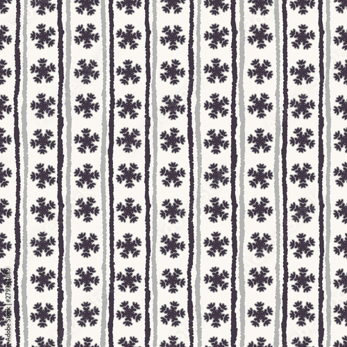 Seamless pattern. Hand drawn abstract winter snowflakes. Stylish crystal stars stripes background. Vertical holiday all over print paper. Festive gift wrapping paper yule illustration. Vector swatch.