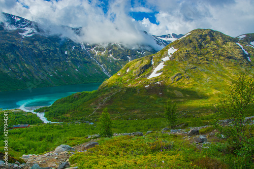 Memurubu base, the starting point of the most beautiful mountain trek in Norway through the Besseggen ridge to Gjendeshaim, Jotunheimen National Park, Norway