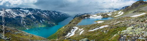 Panoramic view from Besseggen ridge over Gjende and Ovre Leirungen lakes  Jotunheimen National Park  Norway