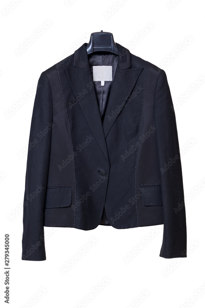 Black female jacket hanging on black hanger on white background Black female jacket hanging on black hanger on white background