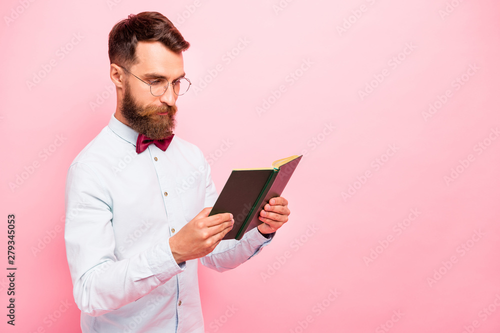 Side profile photo of clever intelligent diligent genius scientist person holding opened paper materials in hands isolated pastel background