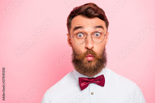 Closeup photo of humorous clever person wearing maroon accessories having strange facial expression isolated pastel background