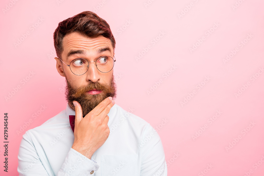 Close-up photo portrait of attractive intelligent freelancer thinking over innovation and new start-up isolated pastel background copyspace