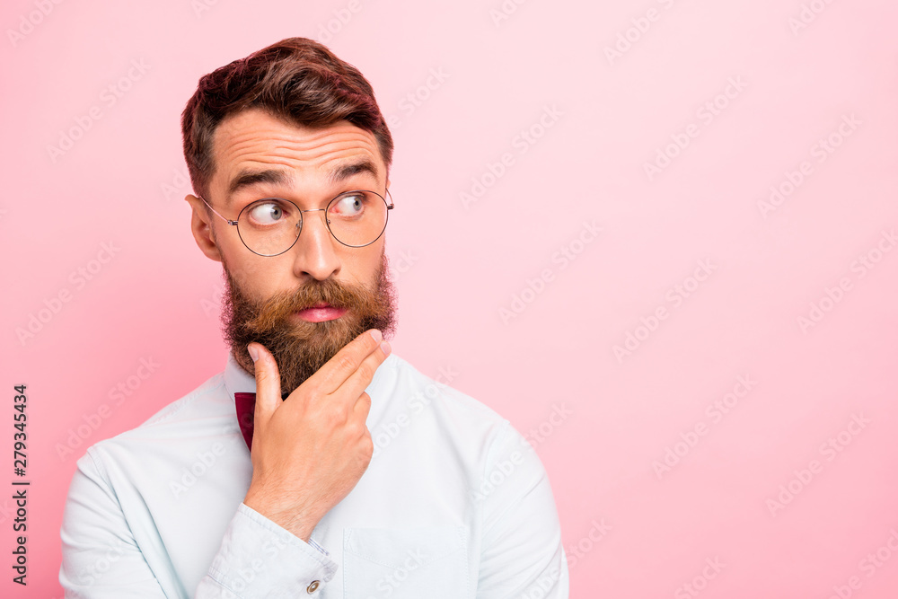 Close-up photo portrait of attractive intelligent freelancer thinking over innovation and new start-up isolated pastel background copyspace Close-up photo portrait of attractive intelligent freelancer thinking over innovation and new start-up isolated pastel background copyspace