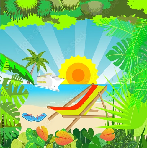 Vector Summer Vacation  vacationer's things on sea coast. Tropical ocean coast, palm trees, blue sky. Design template for banner, flyer, invitation