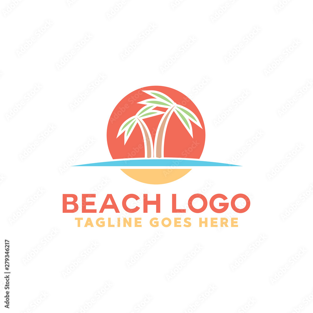 Colorful Beach logo holiday summer beach Vector . Beach Symbol Icon For Vacation, Traveling, Hawaii, paradise, sea, Summer, island