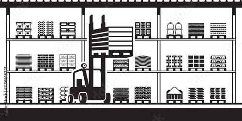 Forklift moves pallets in stock for building materials - vector illustration