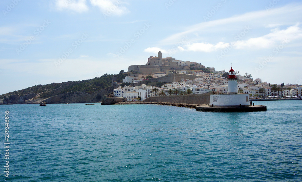 Lighthouse at the entrance to the inner bay of Eivissa.Ibiza Island.Spain.